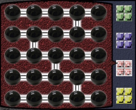 A screenshot from the game Particles! showing a many black spheres with white bars between them.